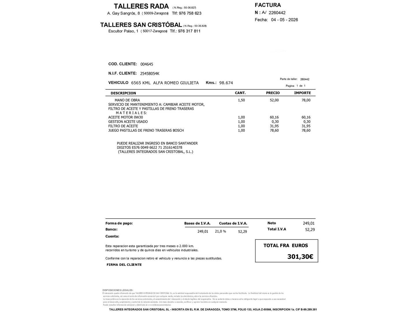 Foto del mantenimiento del Alfa Romeo Giulietta Alfa Romeo Giulietta 1.6 JTD TCT Giulietta (120 CV)