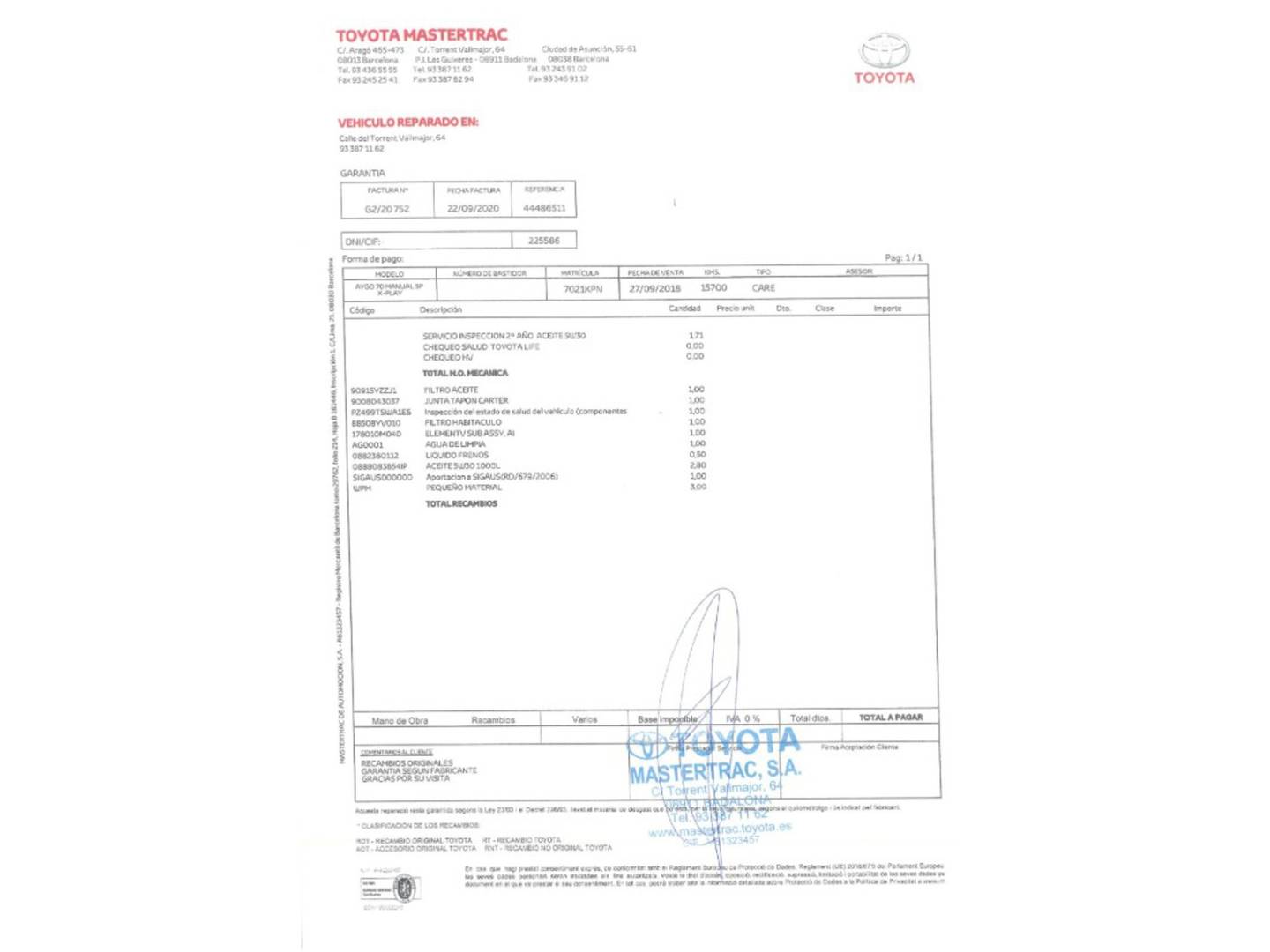 Foto del mantenimiento del Toyota Aygo Toyota Aygo 1.0 70 x-play (72 CV)