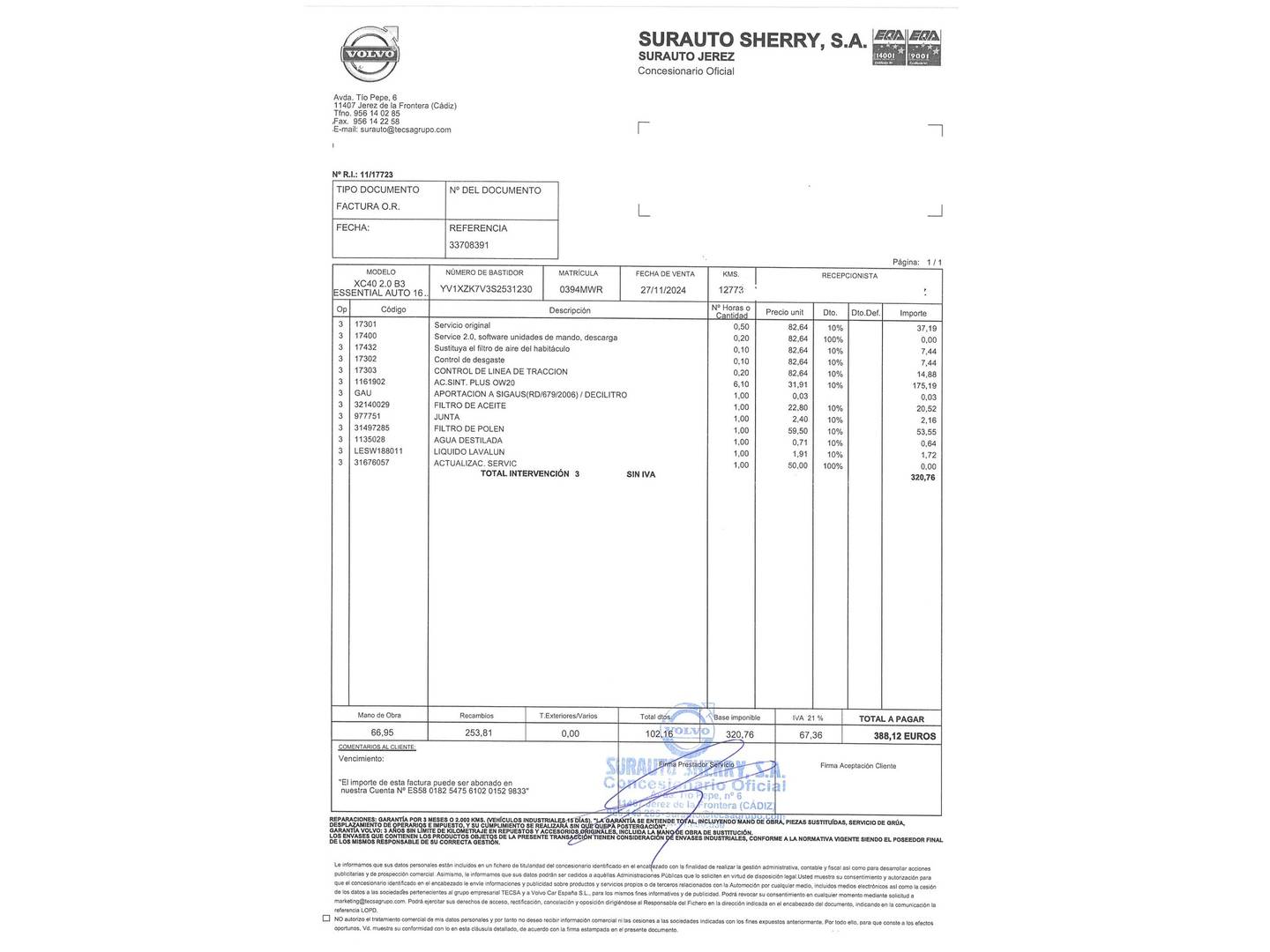 Foto del mantenimiento del Volvo XC40 Volvo XC40 B3 G Essential Auto (163 CV)