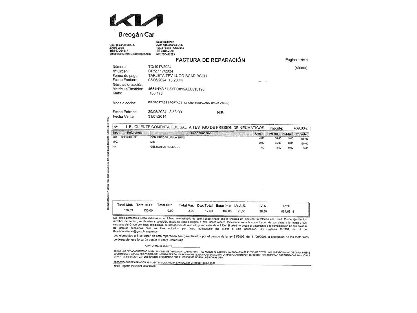 Foto del mantenimiento del KIA Sportage KIA Sportage 1.7 CRDI VGT Maracaná 4x2 (115 CV)