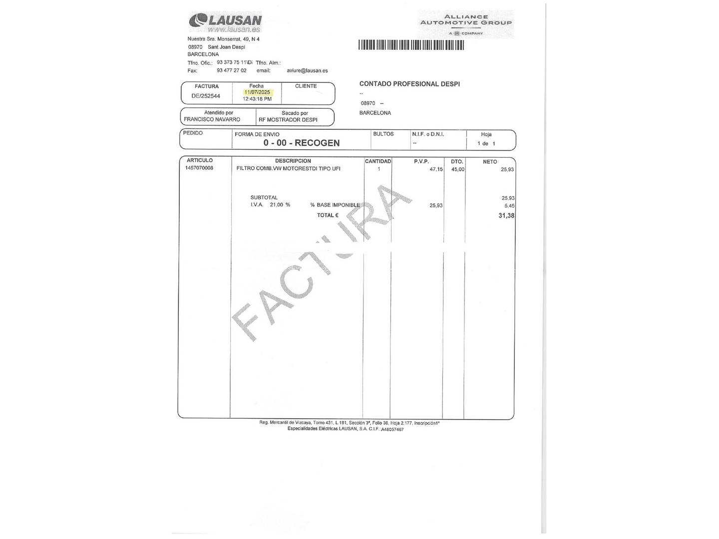 Foto del mantenimiento del Audi A3 Audi A3 Sportback Ambiente 2.0 TDI (140 CV) S tronic