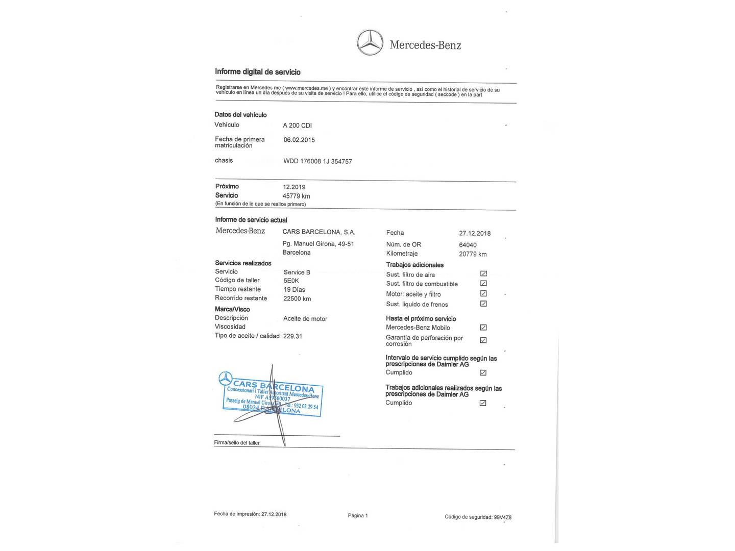 Foto del mantenimiento del Mercedes Clase A Mercedes Clase A 200 CDI AMG Line (136 CV)