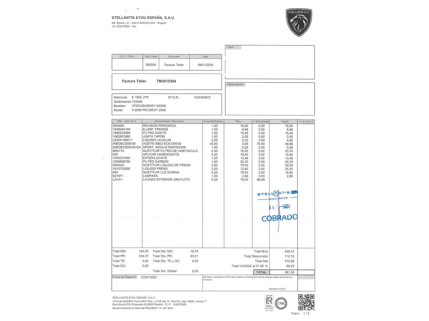 Foto del mantenimiento del Peugeot 2008 Peugeot 2008 BlueHDi 120 S&S Allure (120 CV)