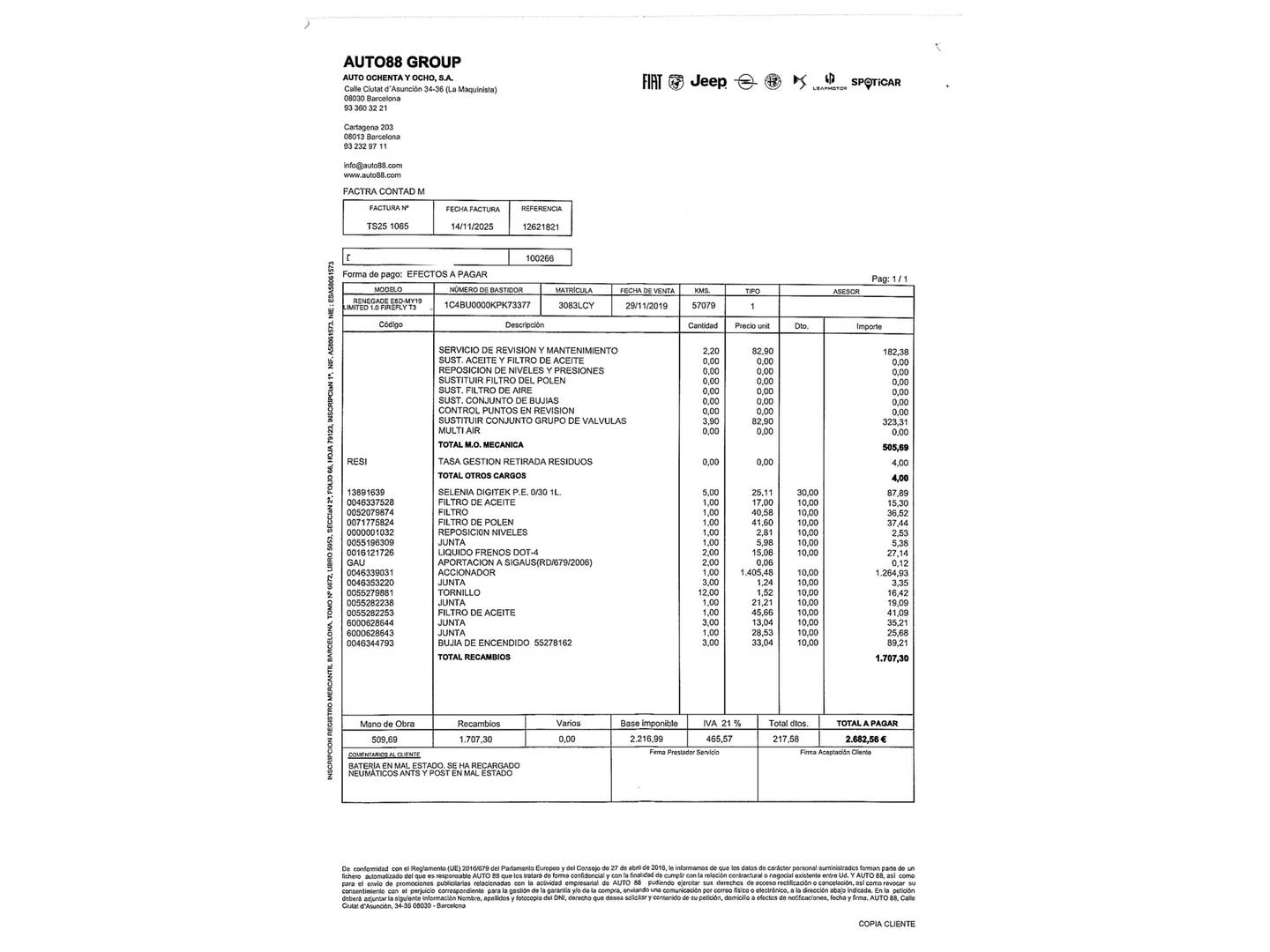 Foto del mantenimiento del Jeep Renegade Jeep Renegade 1.0G Limited 4x2 (120 CV)