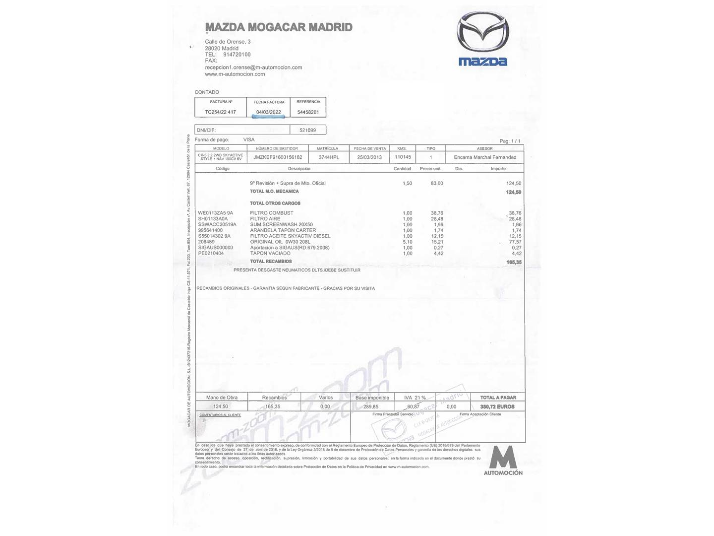 Foto del mantenimiento del Mazda CX-5 Mazda CX-5 2.2 DE Style 2WD (150 CV)