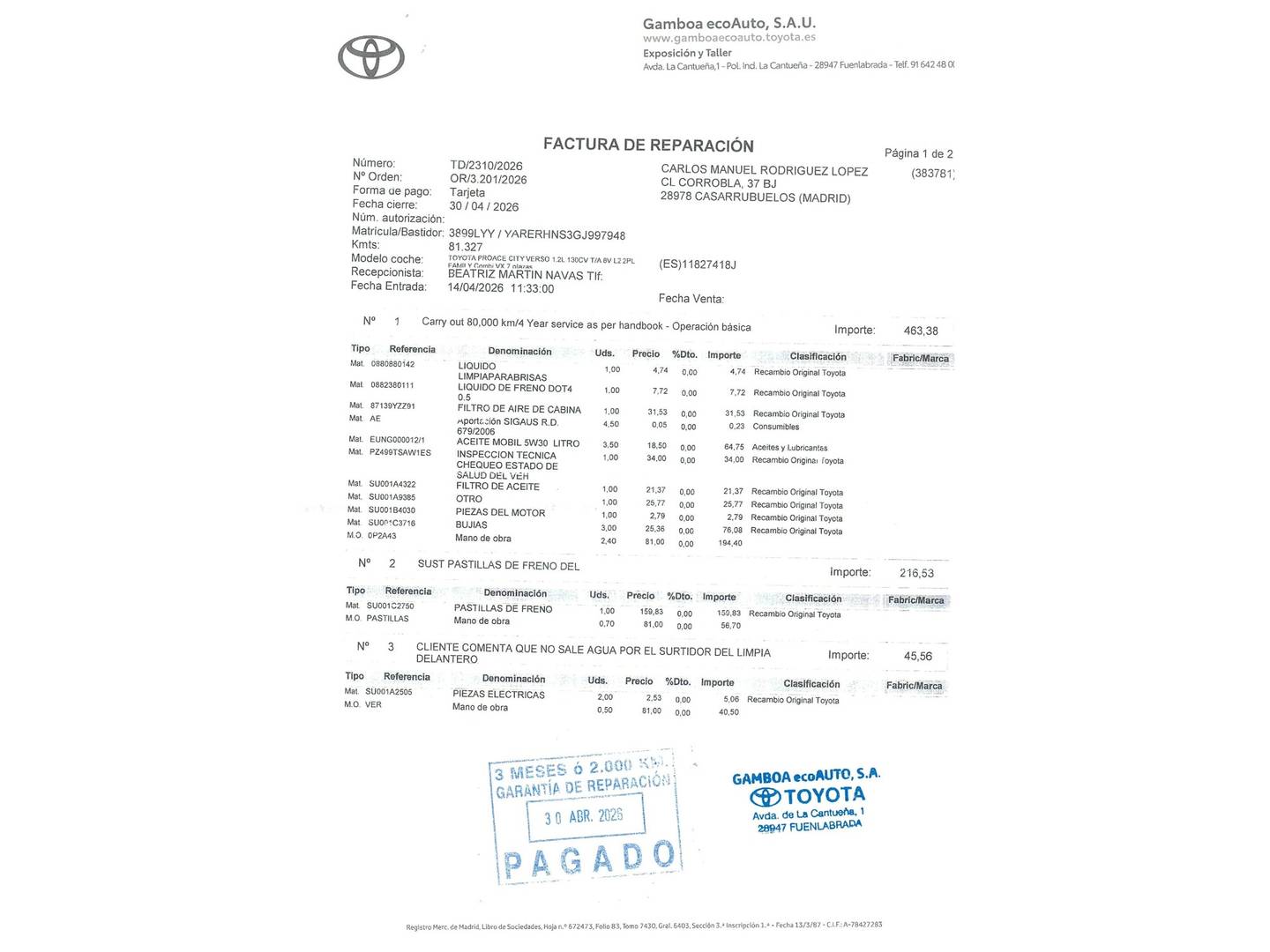 Foto del mantenimiento del Toyota Proace City Verso Toyota Proace City Verso 1.2 96kW Family Act Auto 7 Plazas L2