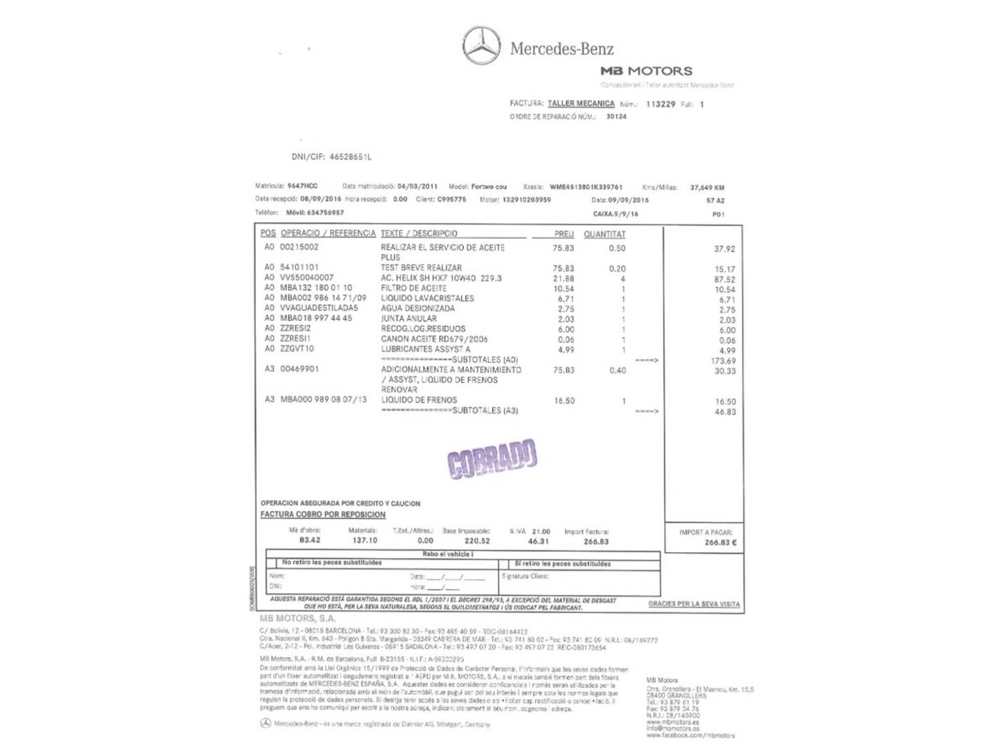 Foto del mantenimiento del Smart fortwo SMART Fortwo Coupé 52 mhd Pure