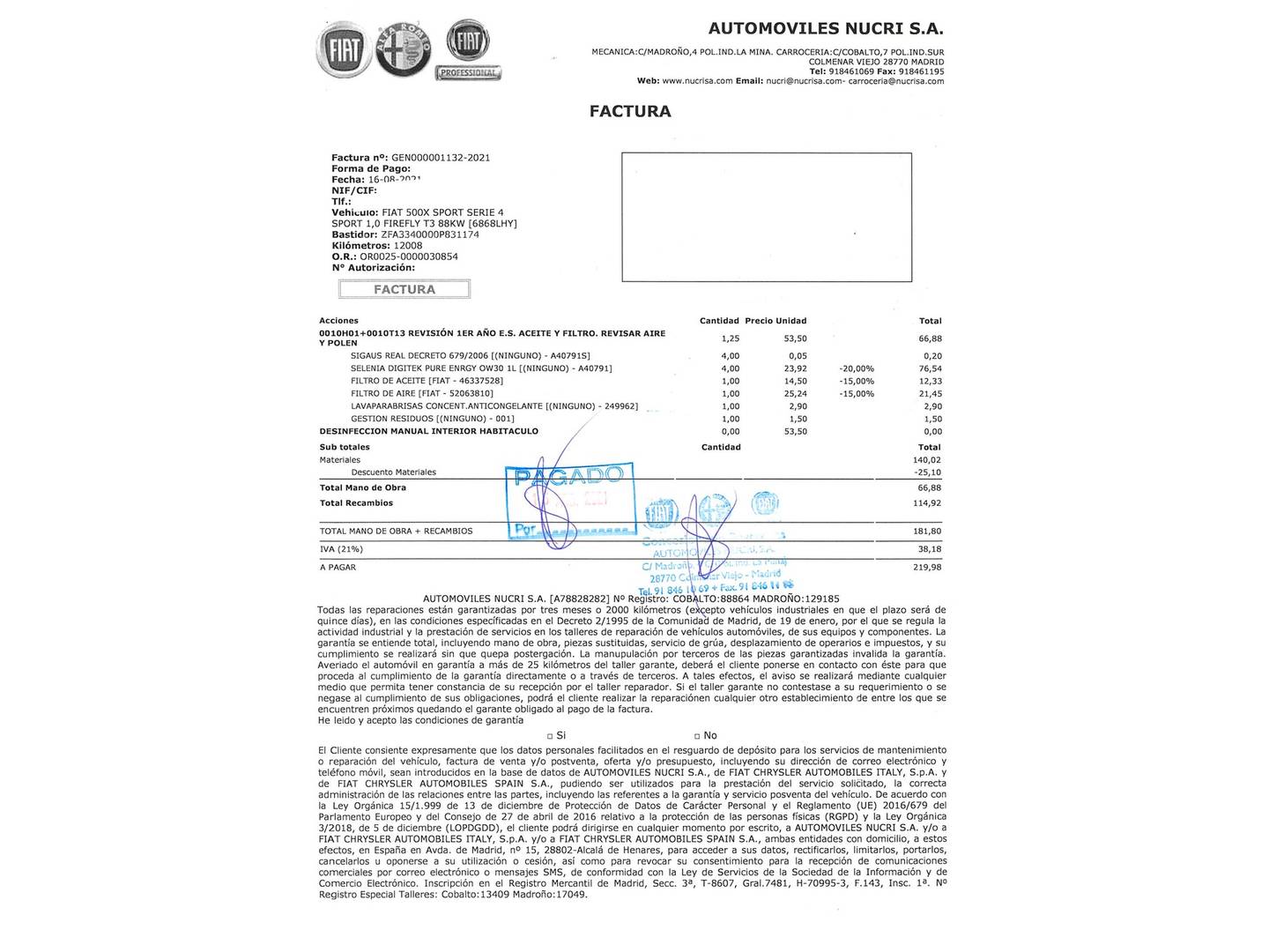 Foto del mantenimiento del Fiat 500X Fiat 500X 1.0 Firefly Sport (120 CV)