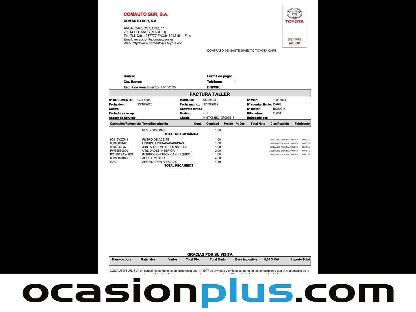 Foto del mantenimiento del Toyota C-HR Toyota C-HR 180H Advance (184 CV)