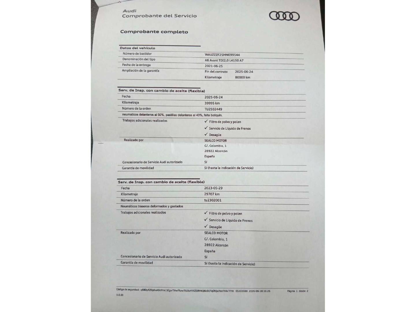Foto del mantenimiento del Audi A6 Audi A6 Avant Black Line 40 TDI (204 CV) S Tronic S-Line