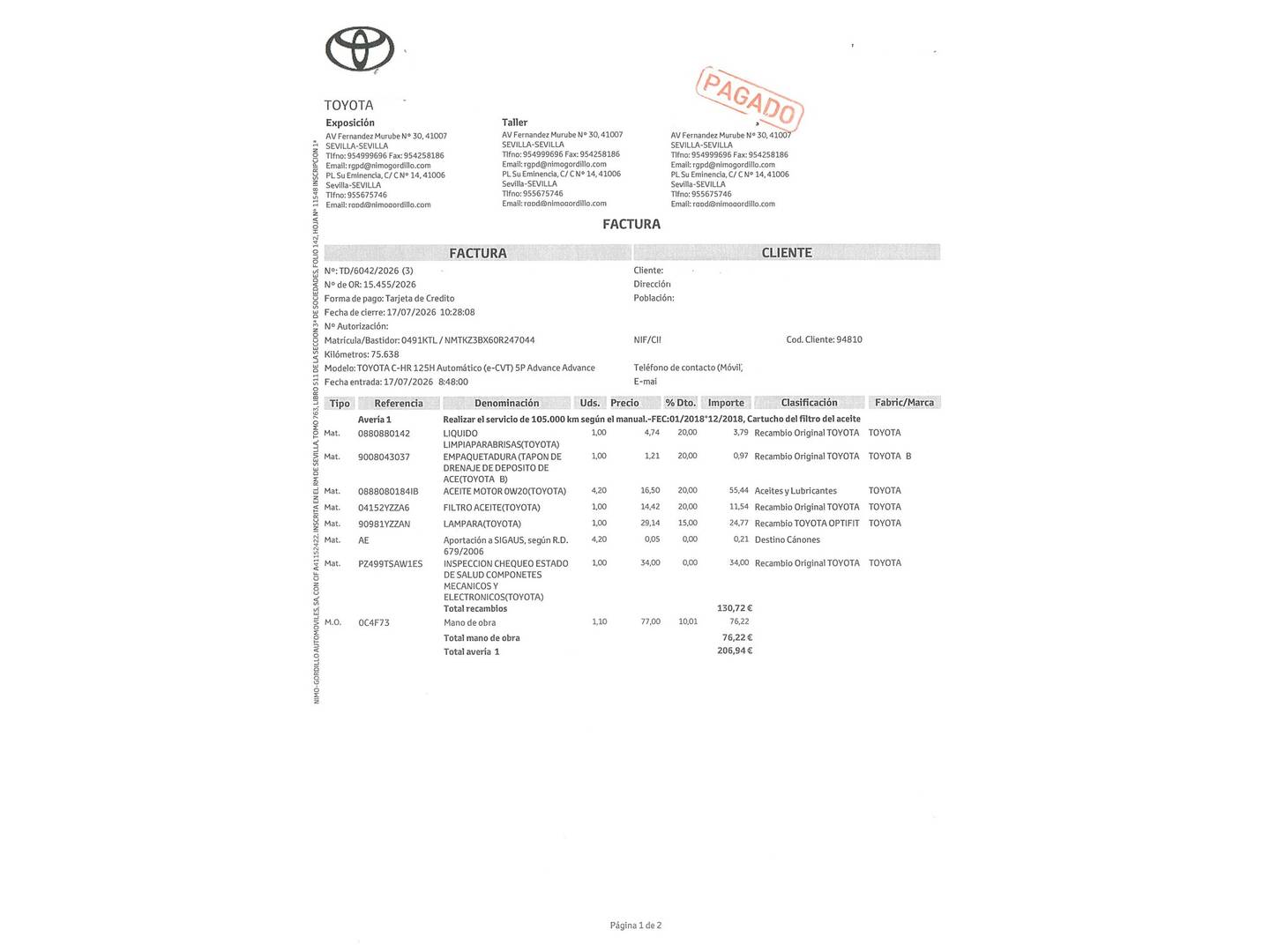 Foto del mantenimiento del Toyota C-HR Toyota C-HR 1.8 125H Advance (122 CV)