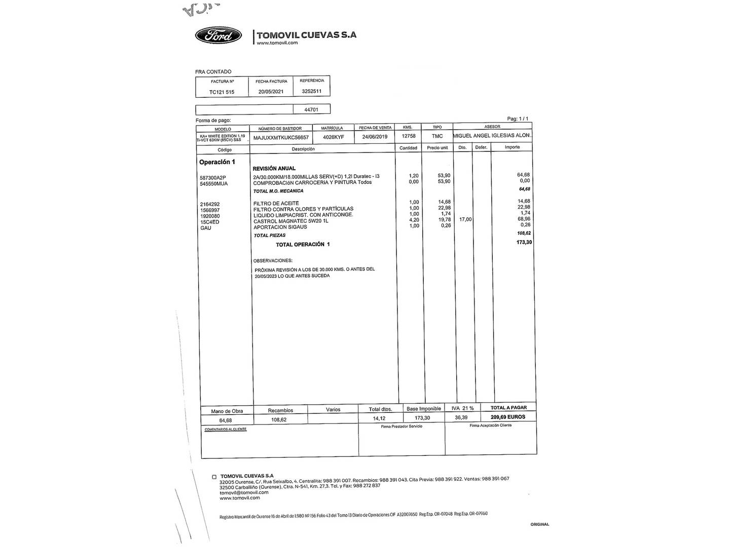 Foto del mantenimiento del Ford Ka+ Ford Ka+ 1.2 Ti-VCT White Edition 85 CV)