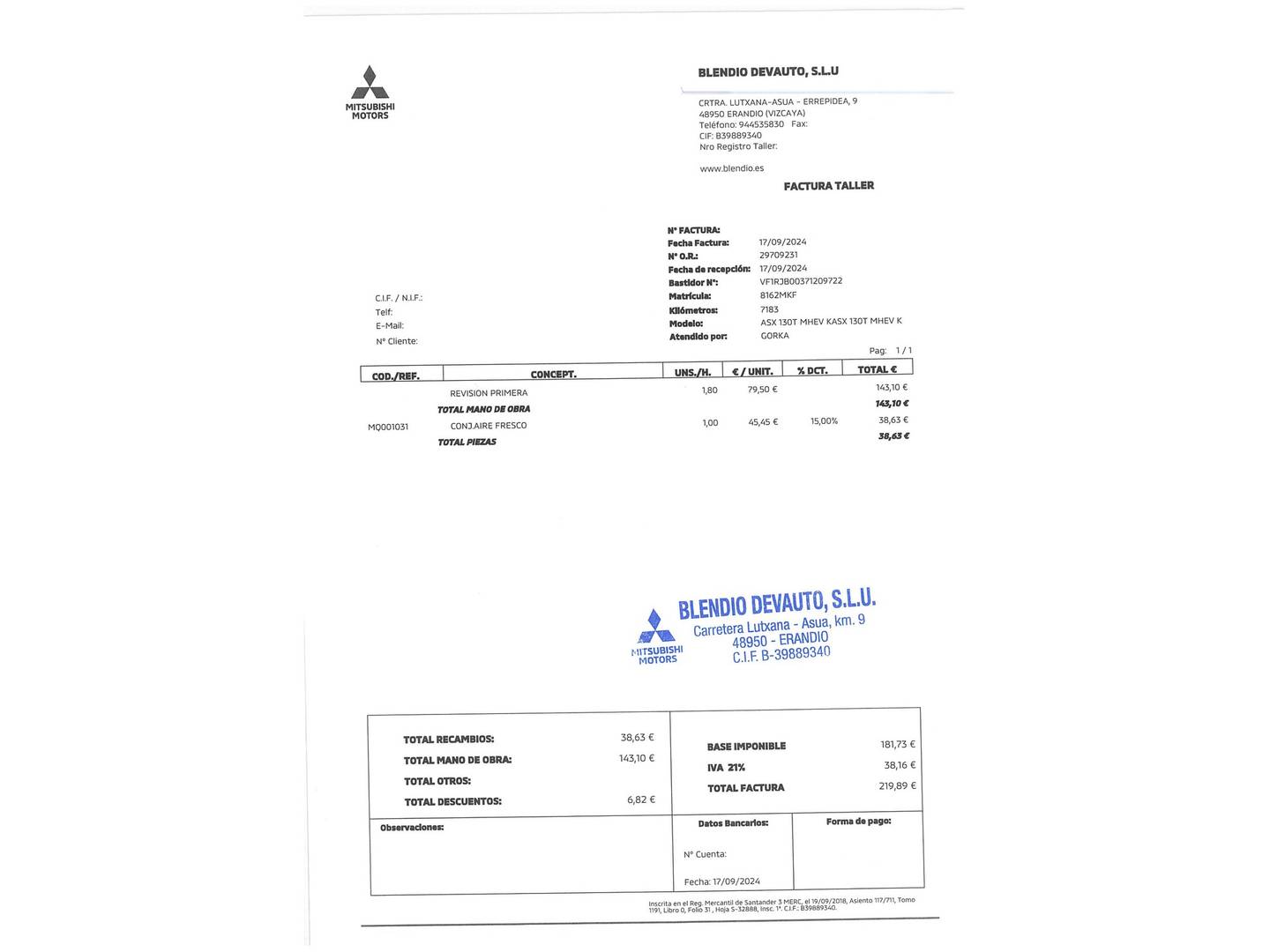 Foto del mantenimiento del Mitsubishi ASX Mitsubishi ASX ASX 130T MHEV Kaiteki (140 CV)
