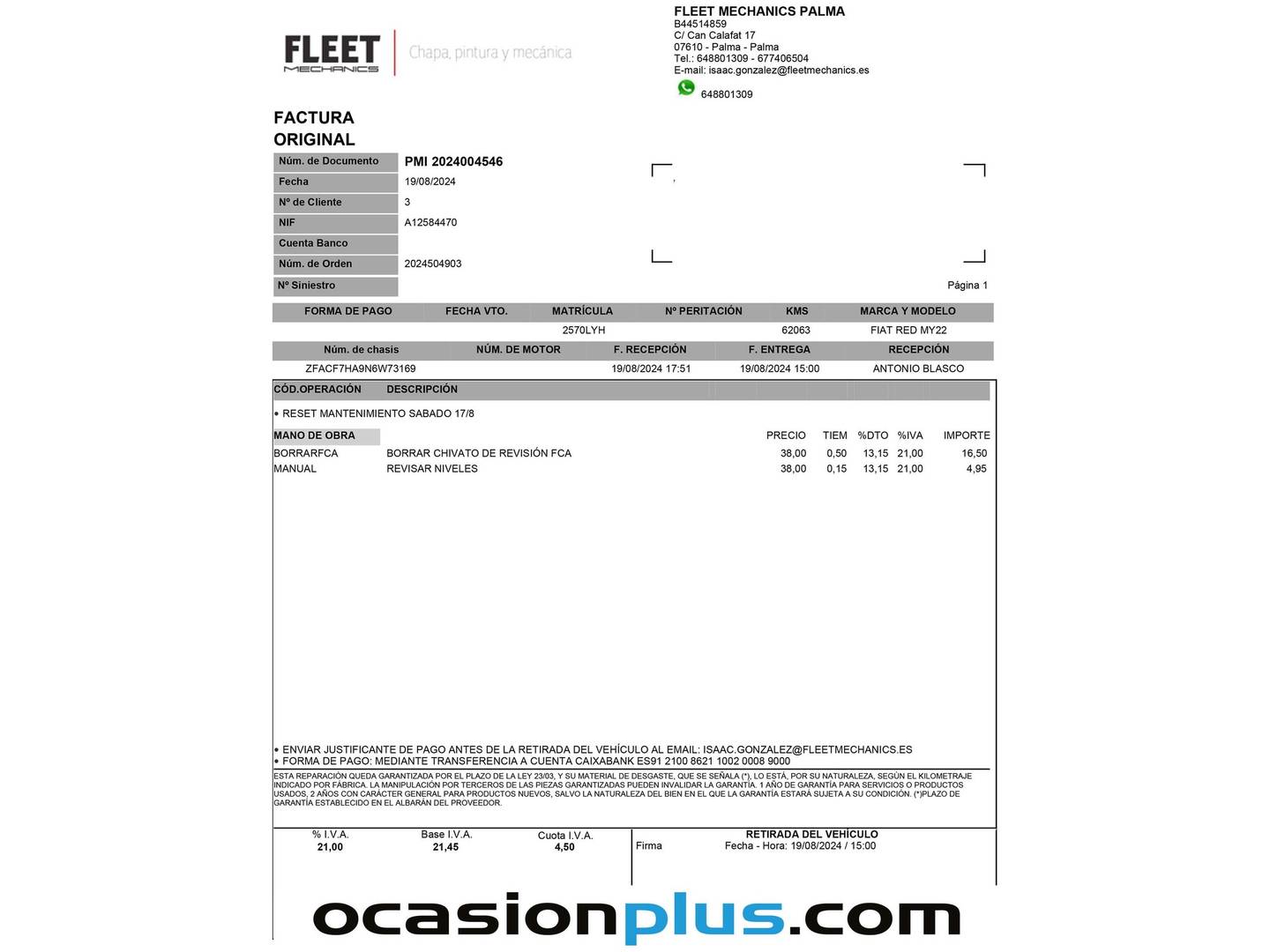 Foto del mantenimiento del Fiat Tipo Fiat Tipo 1.5 Hybrid Red DCT (130 CV)