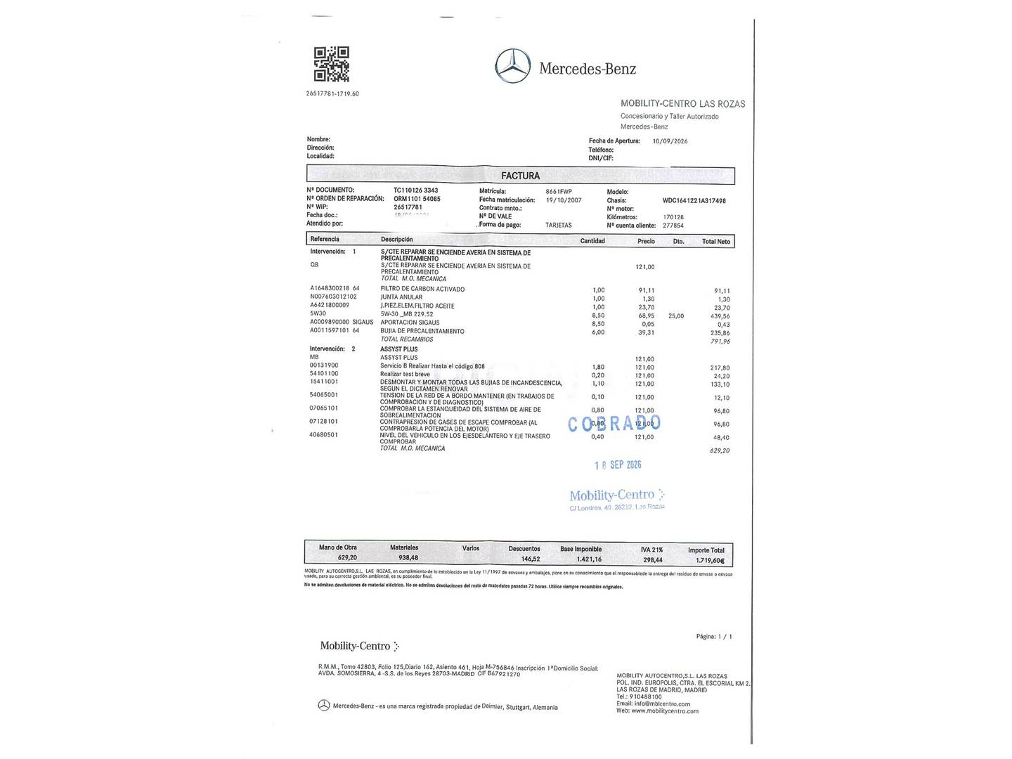 Foto del mantenimiento del Mercedes Clase M Mercedes Clase M ML 320 CDI (224 CV)
