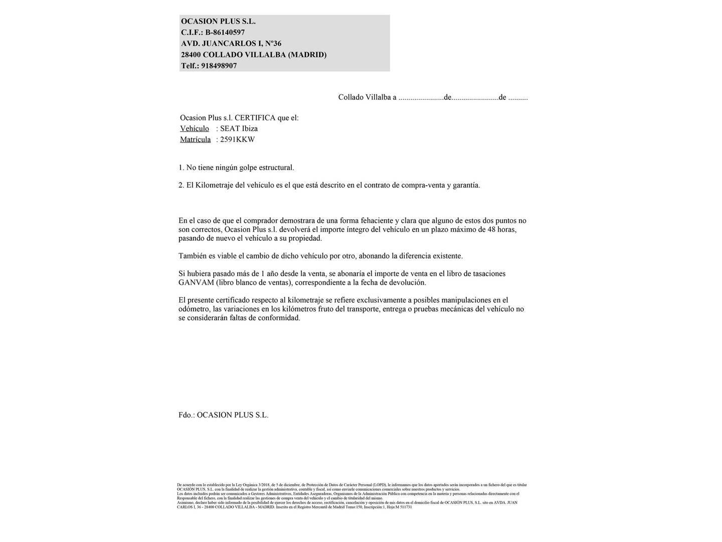 Foto del certificado del Seat Ibiza Seat Ibiza 1.0 EcoTSI Reference Plus  (95 CV)