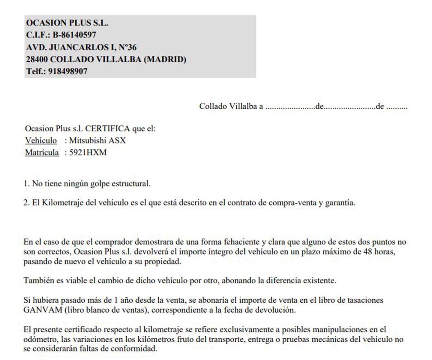 Foto del certificado del Mitsubishi ASX Mitsubishi ASX 160 MPI Motion (117 CV)