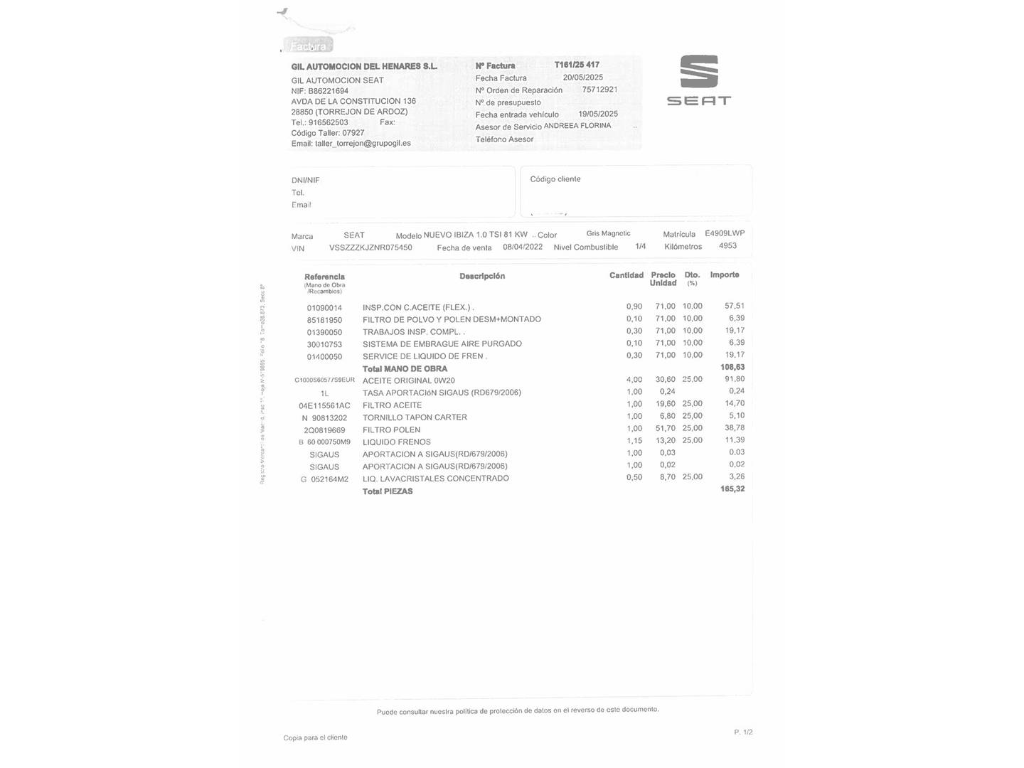 Foto del mantenimiento del Seat Ibiza SEAT Ibiza 1.0 TSI Style Plus (110 CV)