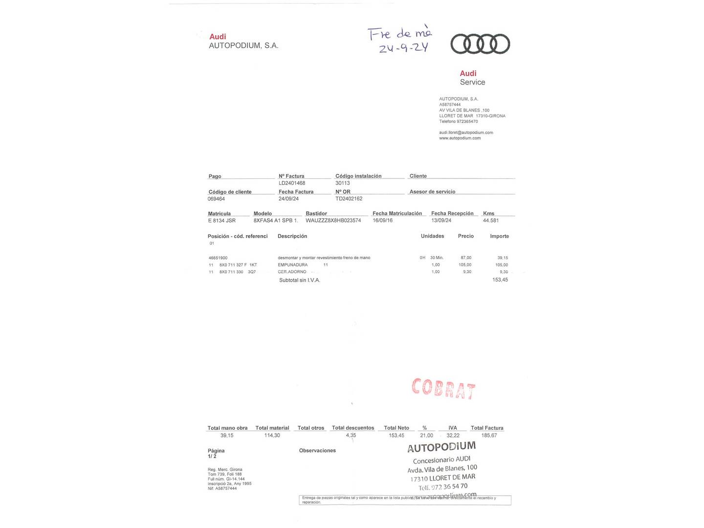 Foto del mantenimiento del Audi A1 Audi A1 Sportback Adrenalin 1.0 TFSI (95 CV)