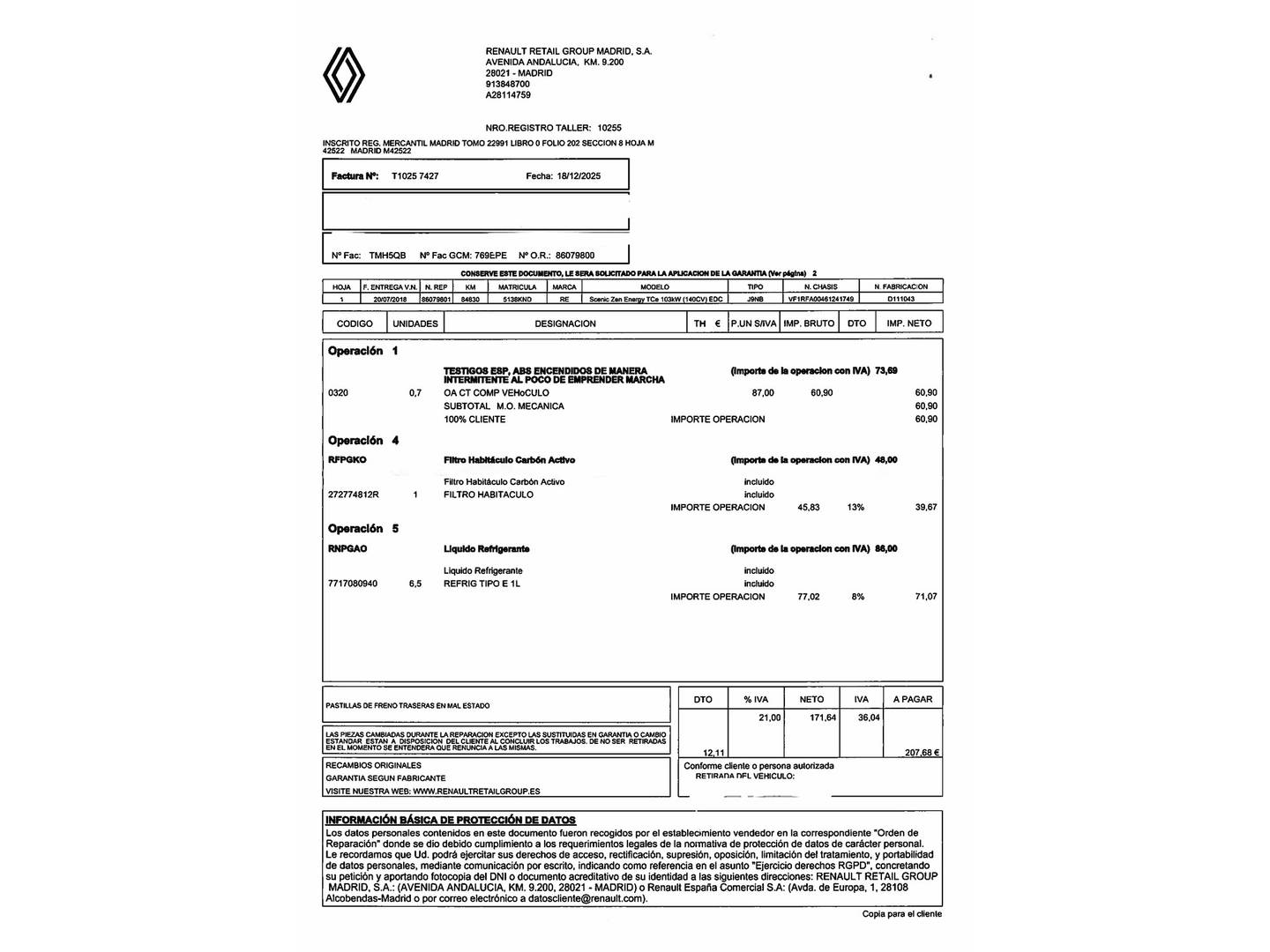 Foto del mantenimiento del Renault Scénic Renault Scenic Zen Energy TCe (140 CV) EDC