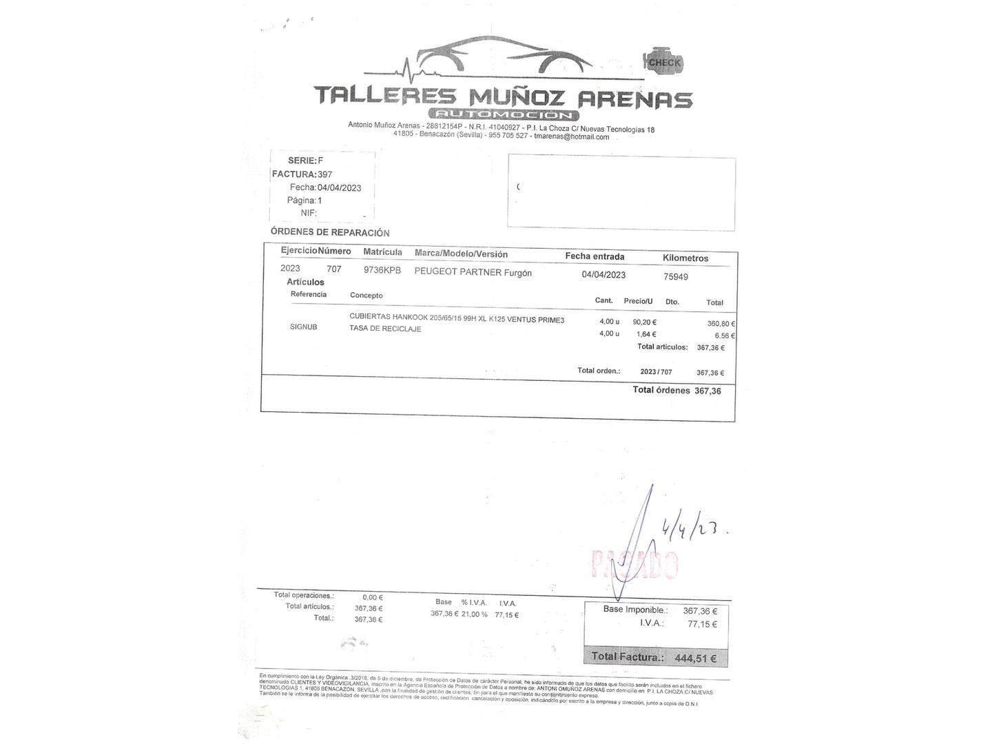 Foto del mantenimiento del Peugeot Partner Peugeot Partner Tepee Tepee BlueHDi 100 Active (100 CV)