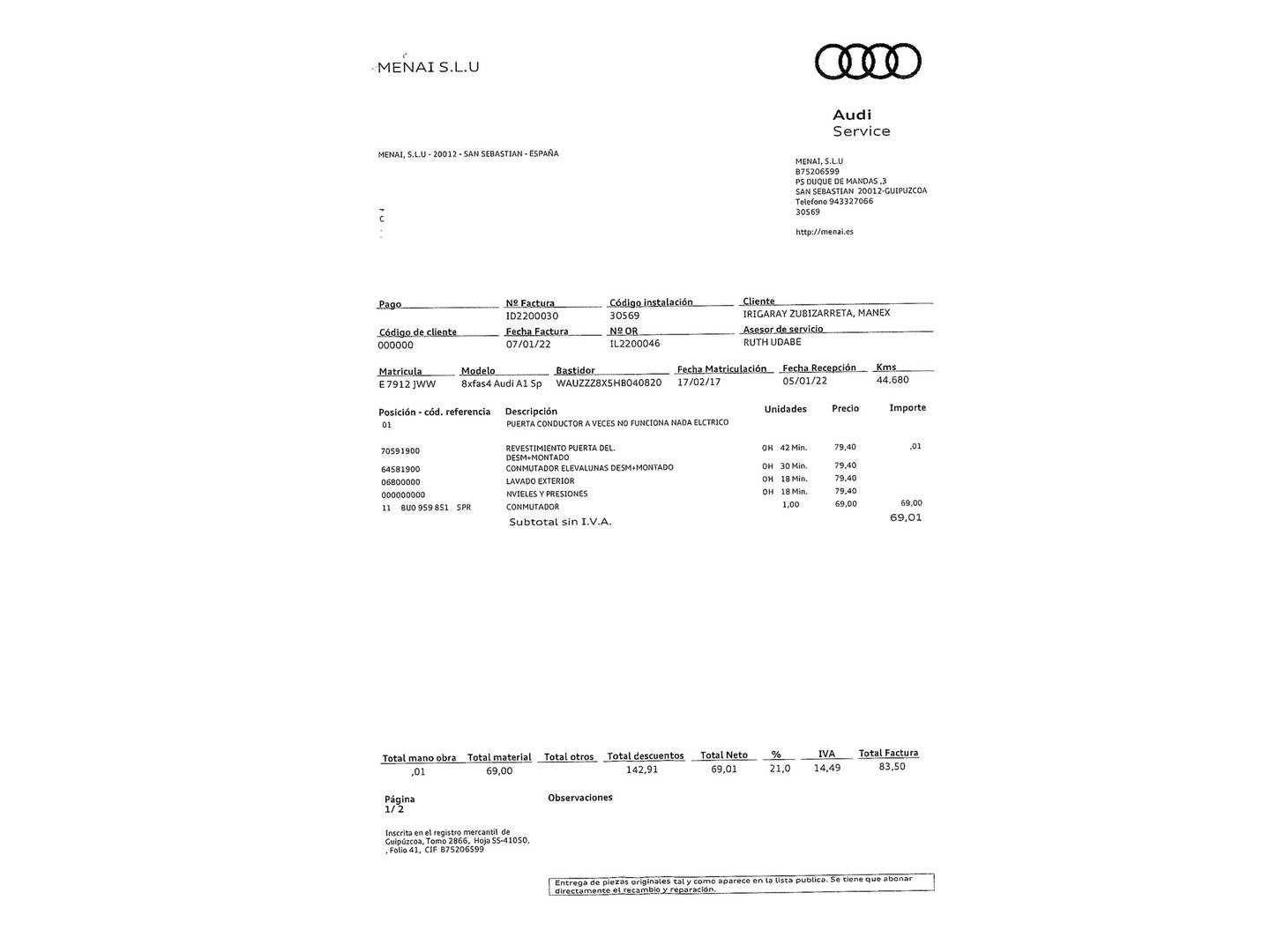 Foto del mantenimiento del Audi A1 Audi A1 Sportback Adrenalin 1.0 TFSI (95 CV) Pack S-Line