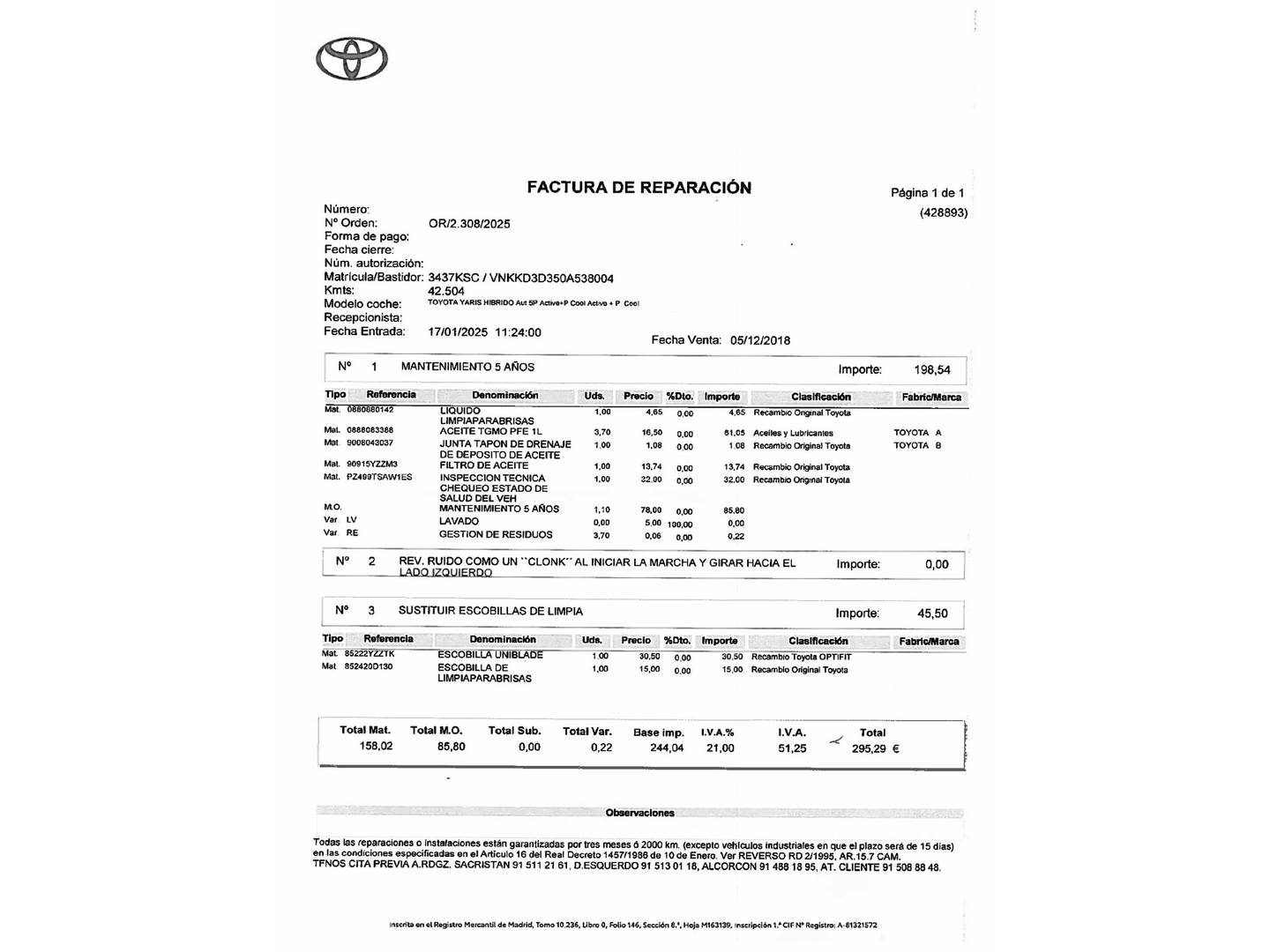 Foto del mantenimiento del Toyota Yaris Toyota Yaris 1.5 Hybrid Active (100 CV)
