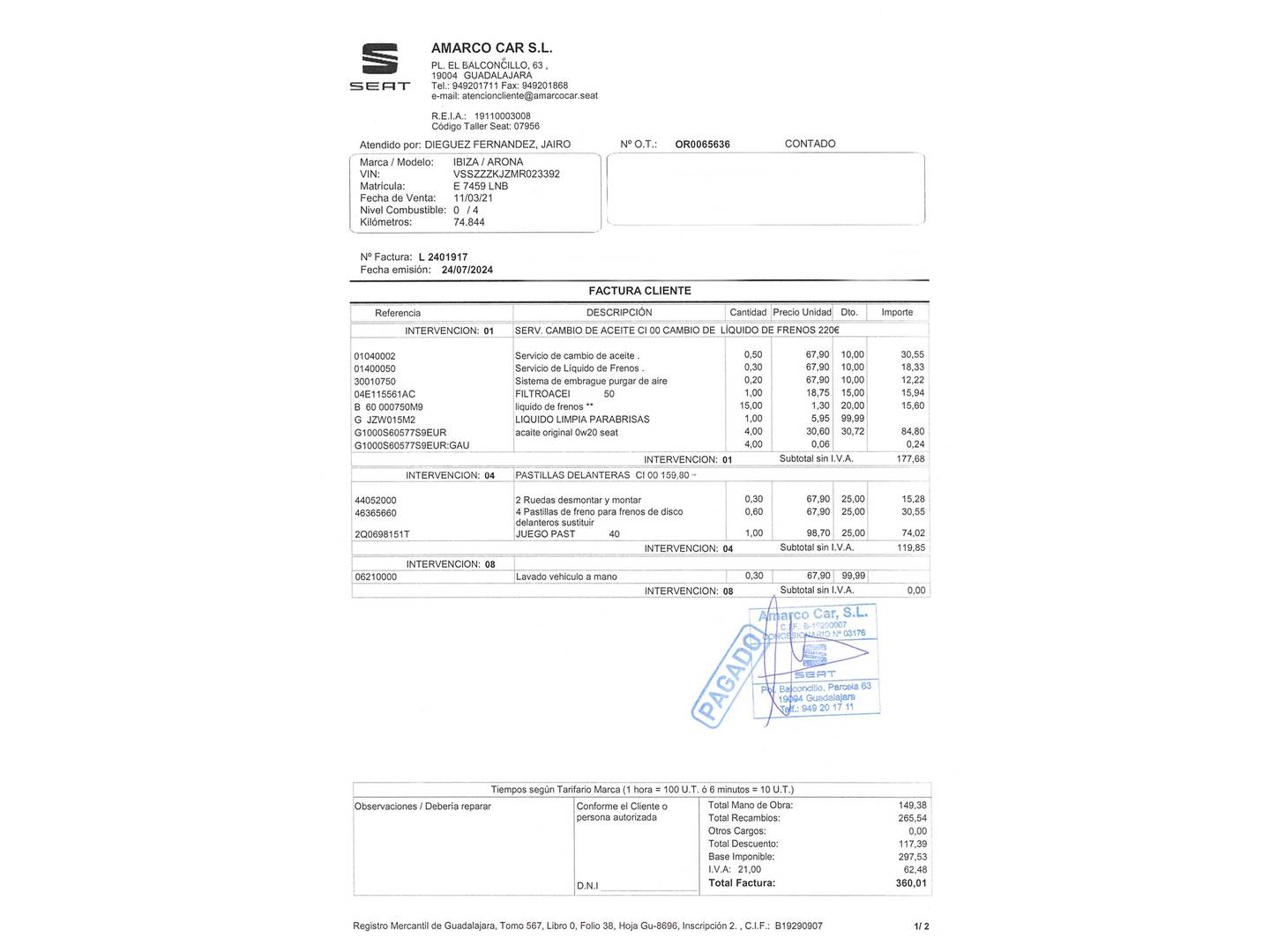 Foto del mantenimiento del Seat Ibiza Seat Ibiza 1.0 TGI FR Go (90 CV)