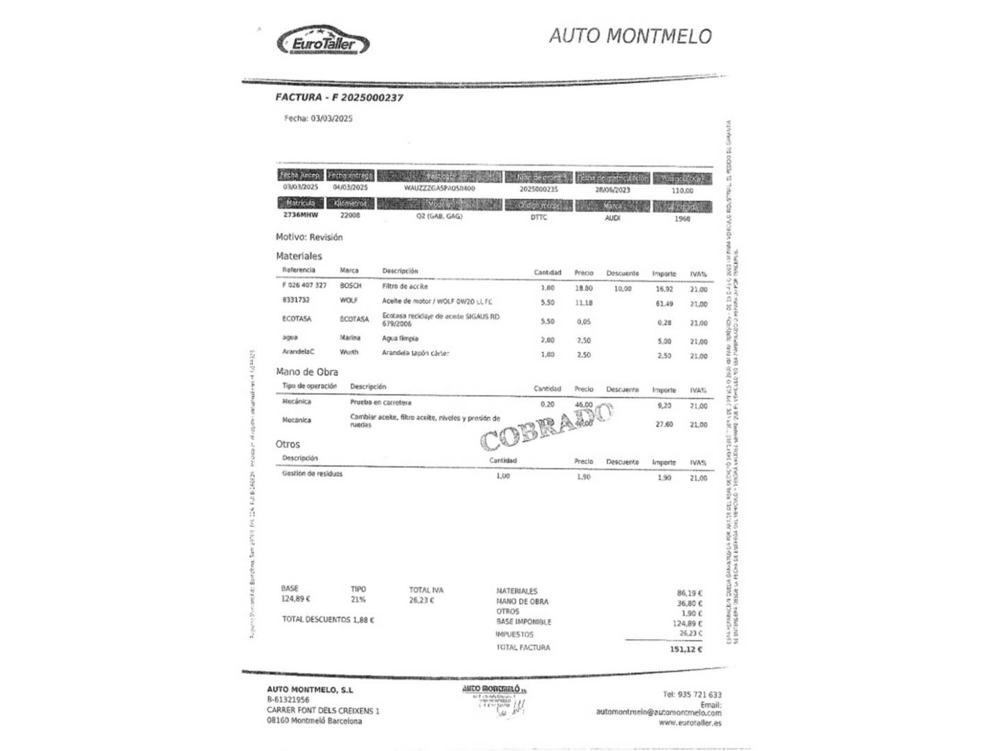 Foto del mantenimiento del Audi Q2 Audi Q2 Adrenalin 35 TDI (150 CV) S tronic Pack S-line