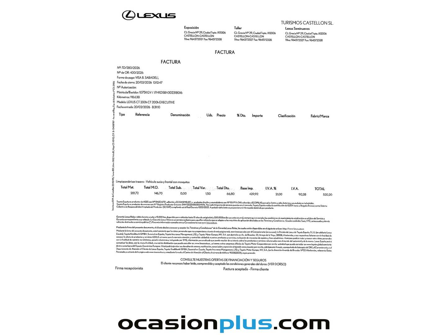 Foto del mantenimiento del Lexus CT Lexus CT 200h Executive (136 CV)