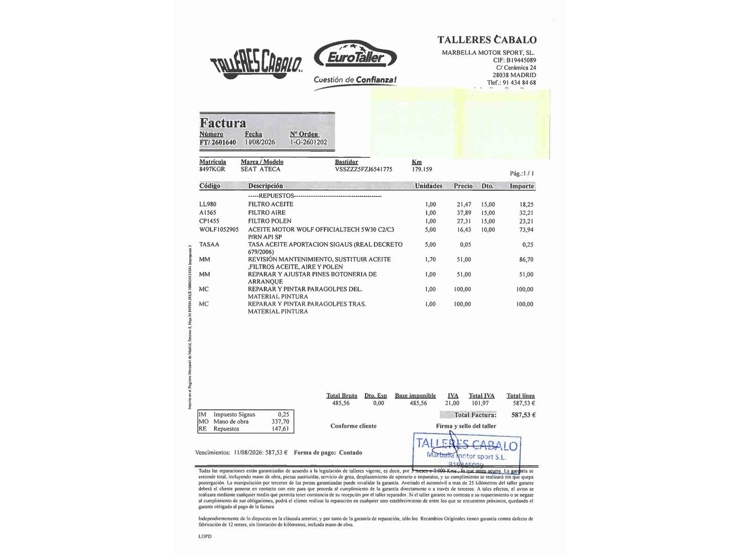 Foto del mantenimiento del Seat Ateca Seat Ateca 2.0 TSI S&S FR 4Drive DSG (190 CV)