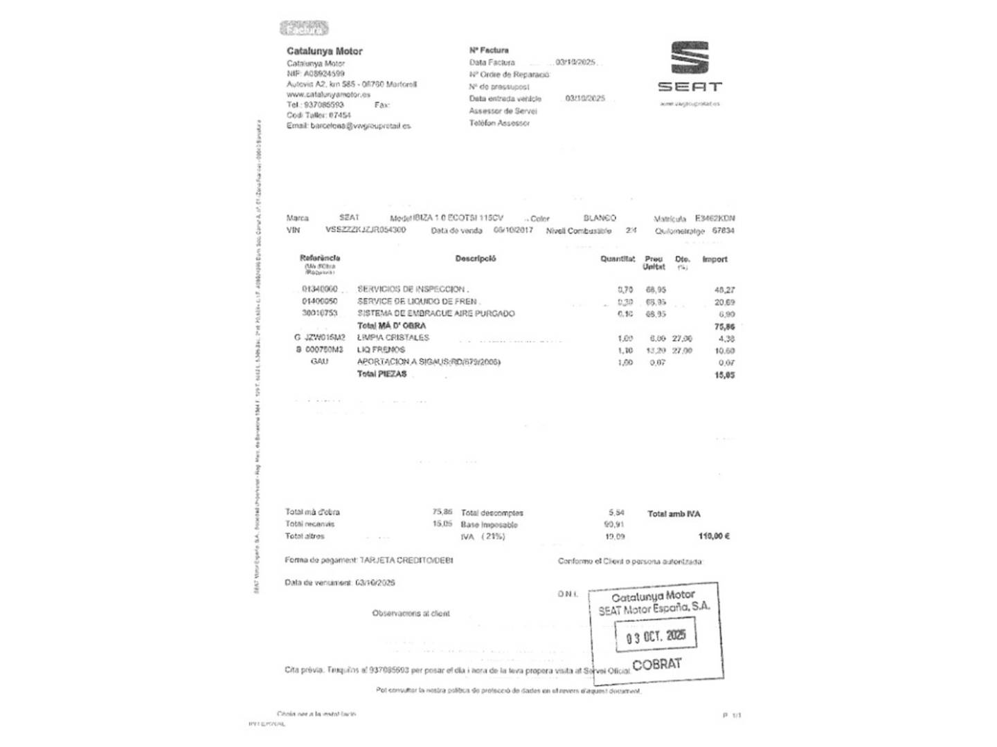 Foto del mantenimiento del Seat Ibiza Seat Ibiza 1.0 EcoTSI FR (115 CV)