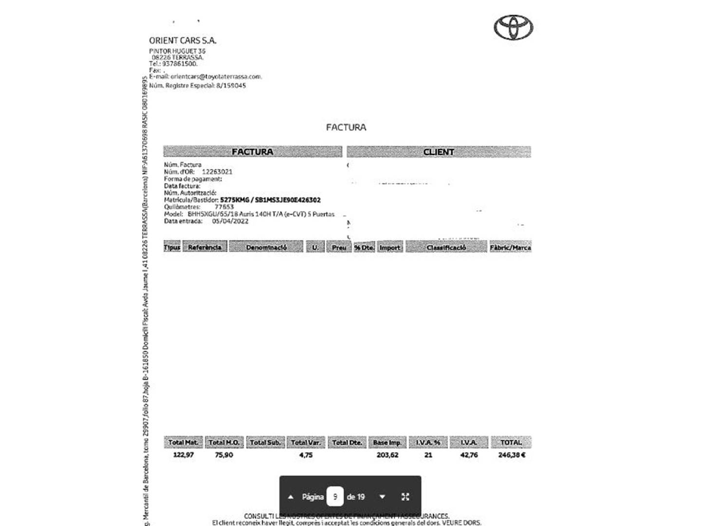 Foto del mantenimiento del Toyota Auris Toyota Auris 1.8 140H Hybrid Feel! Edition
