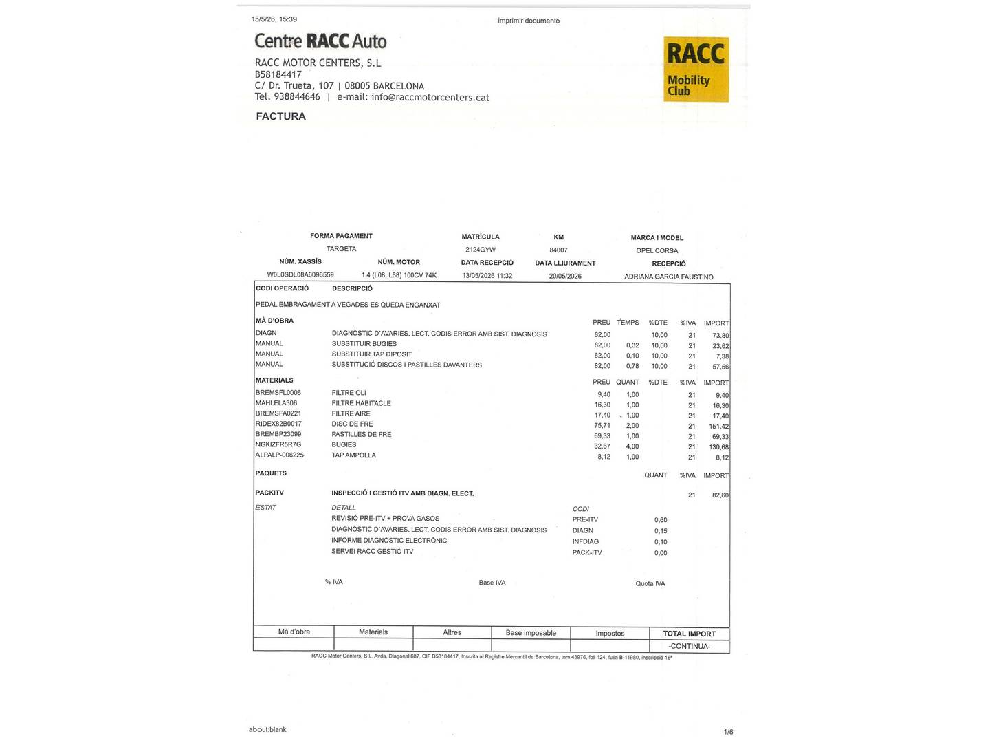Foto del mantenimiento del Opel Corsa Opel Corsa 1.4 Sport (100 CV)