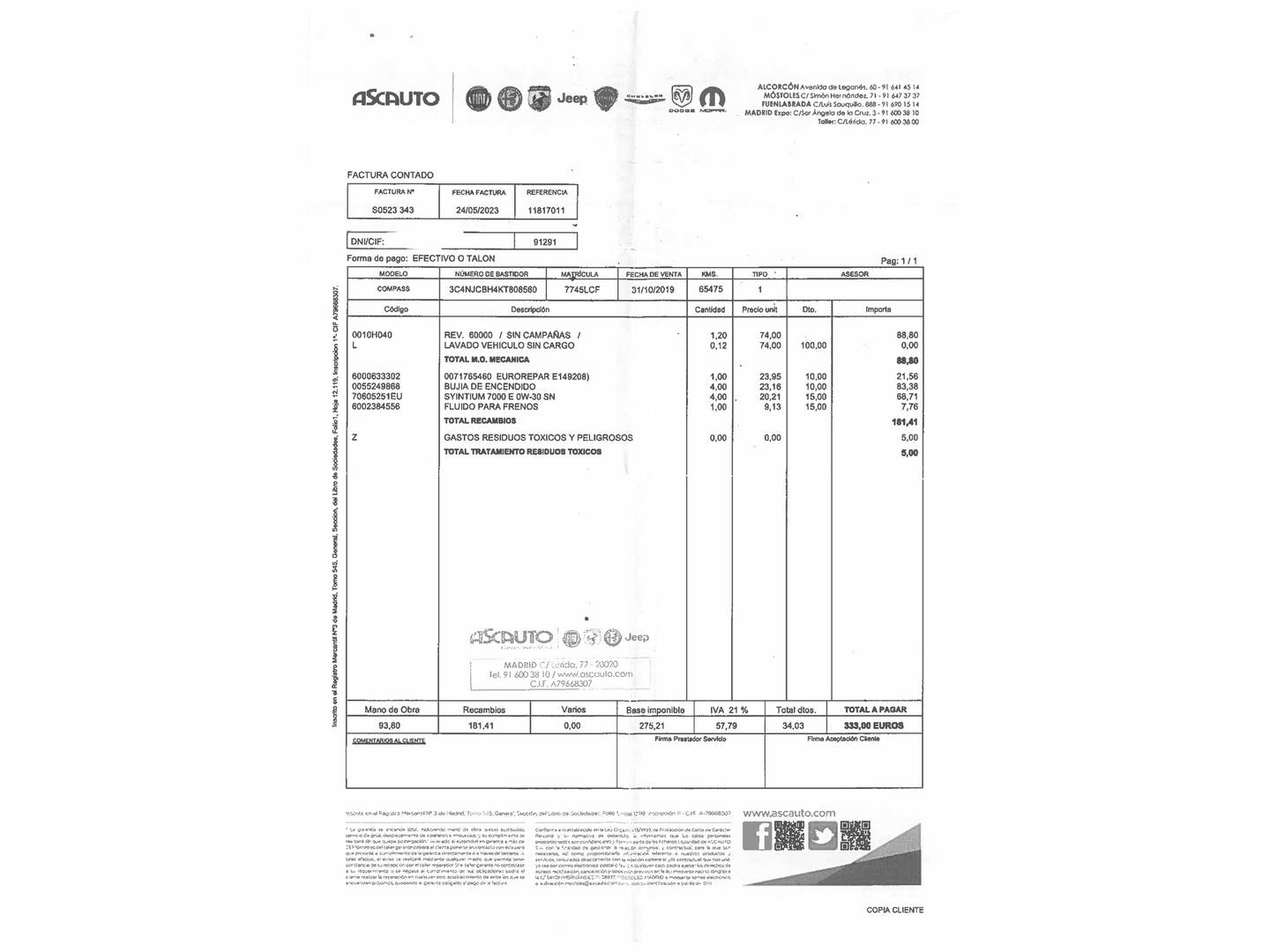 Foto del mantenimiento del Jeep Compass Jeep Compass 1.4 Multiair Night Eagle 4x2 (140 CV)