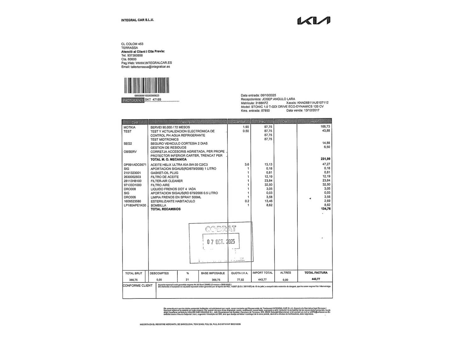Foto del mantenimiento del KIA Stonic KIA Stonic 1.0 T-GDi Eco-Dynamic Drive (120 CV)