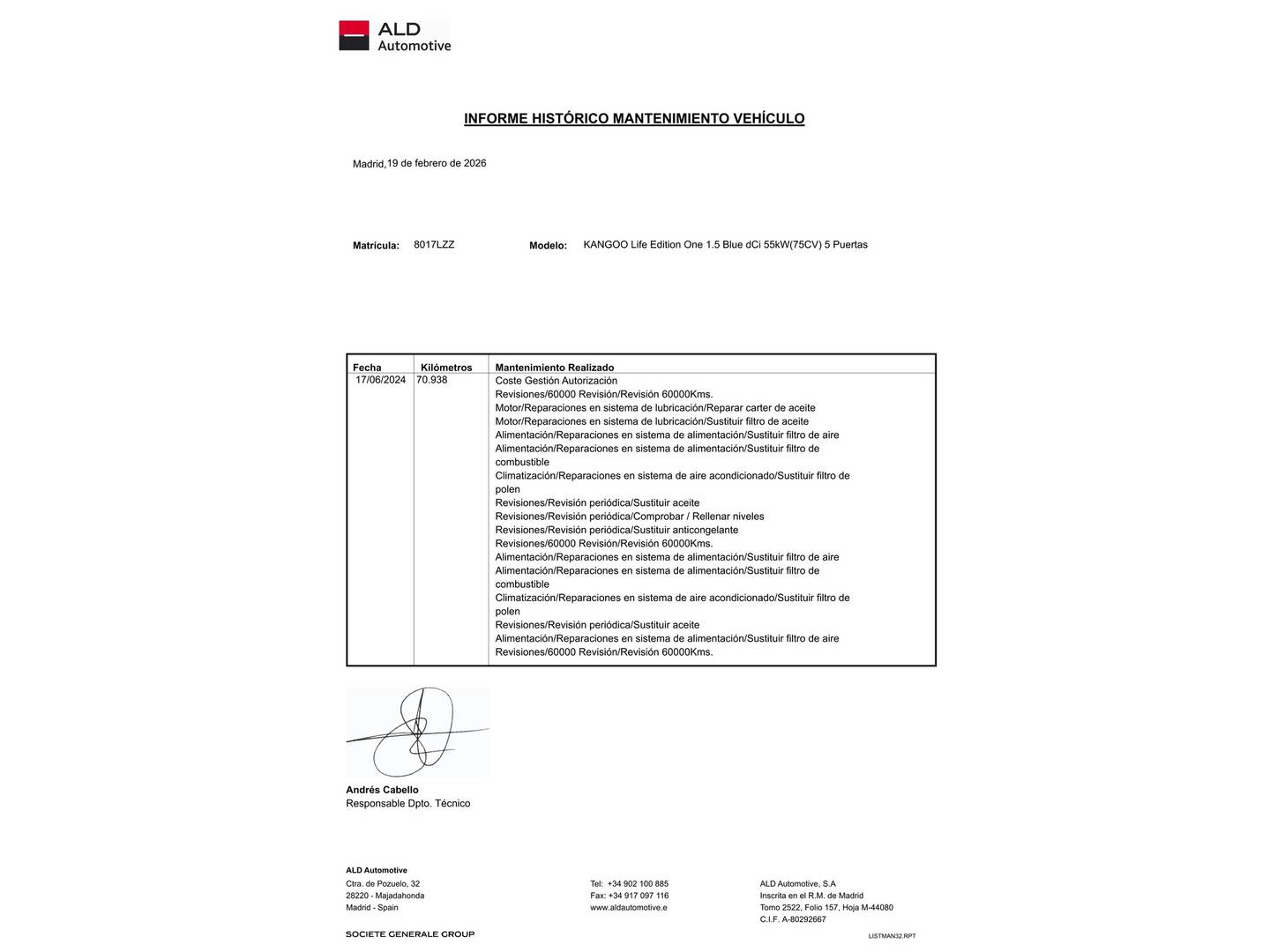 Foto del mantenimiento del Renault Kangoo Combi Renault Kangoo Combi Combi Life Edition One 1.5 Blue dCi (75 CV)