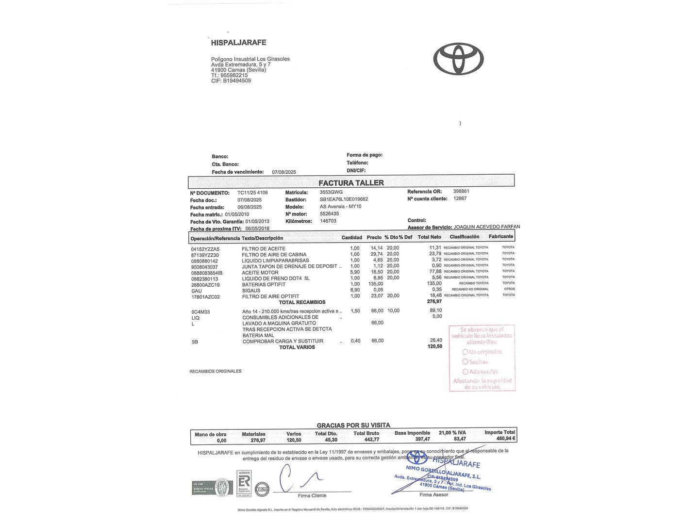 Foto del mantenimiento del Toyota Avensis Toyota Avensis 2.2 D-4D Cross Sport Advance (150 CV)