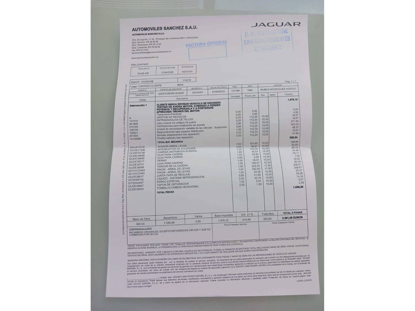 Foto del mantenimiento del Jaguar E-Pace Jaguar E-PACE 2.0P S 4WD Auto (200 CV)