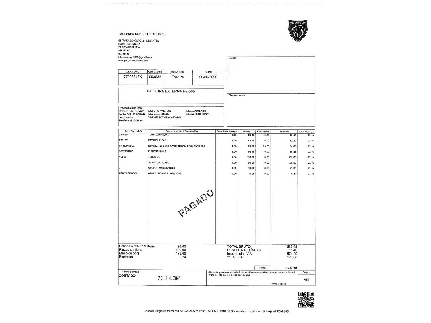 Foto del certificado del Citroën Berlingo Citroën Berlingo Combi BlueHDi 100 S&S Talla M Feel Pack (102 CV)