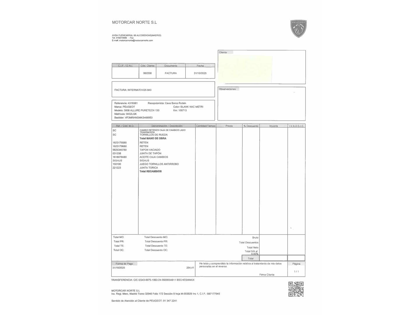 Foto del mantenimiento del Peugeot 3008 Peugeot 3008 PureTech 130 S&S Allure (130 CV)