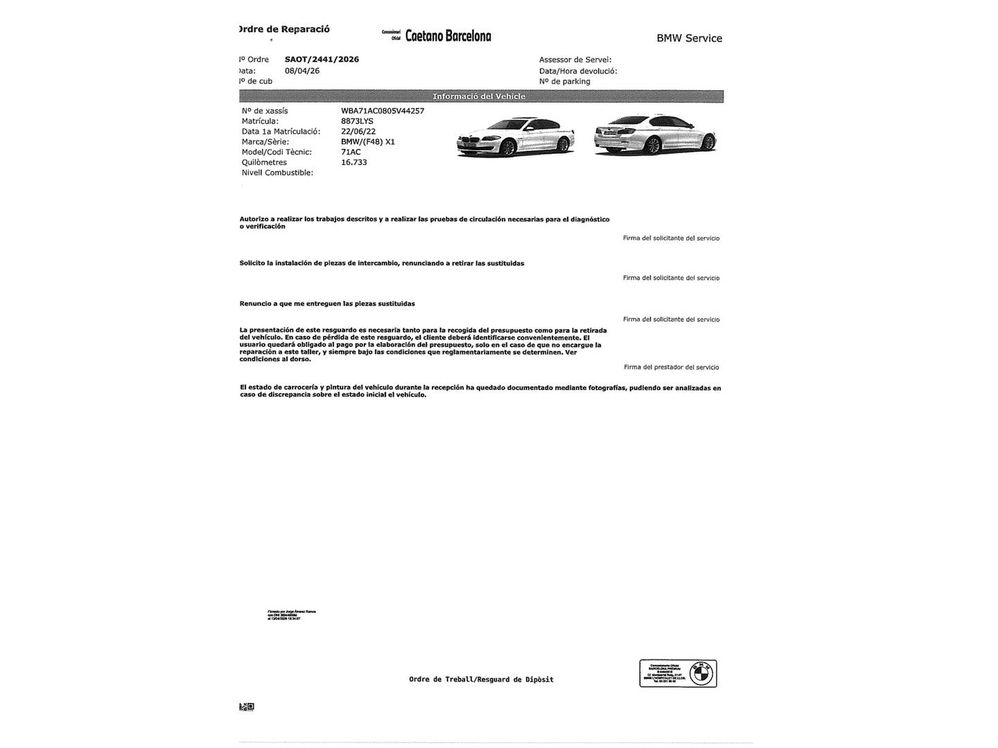 Foto del mantenimiento del BMW X1 BMW X1 sDrive18d (150 CV)