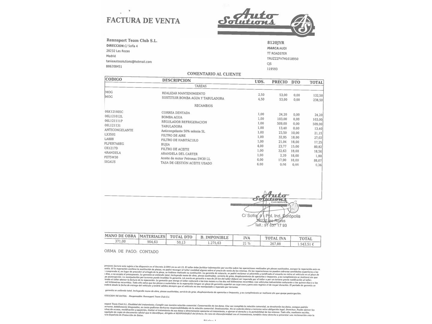 Foto del mantenimiento del Audi TT Audi TT Roadster 1.8 TFSI (180 CV) S tronic Pack S-Line