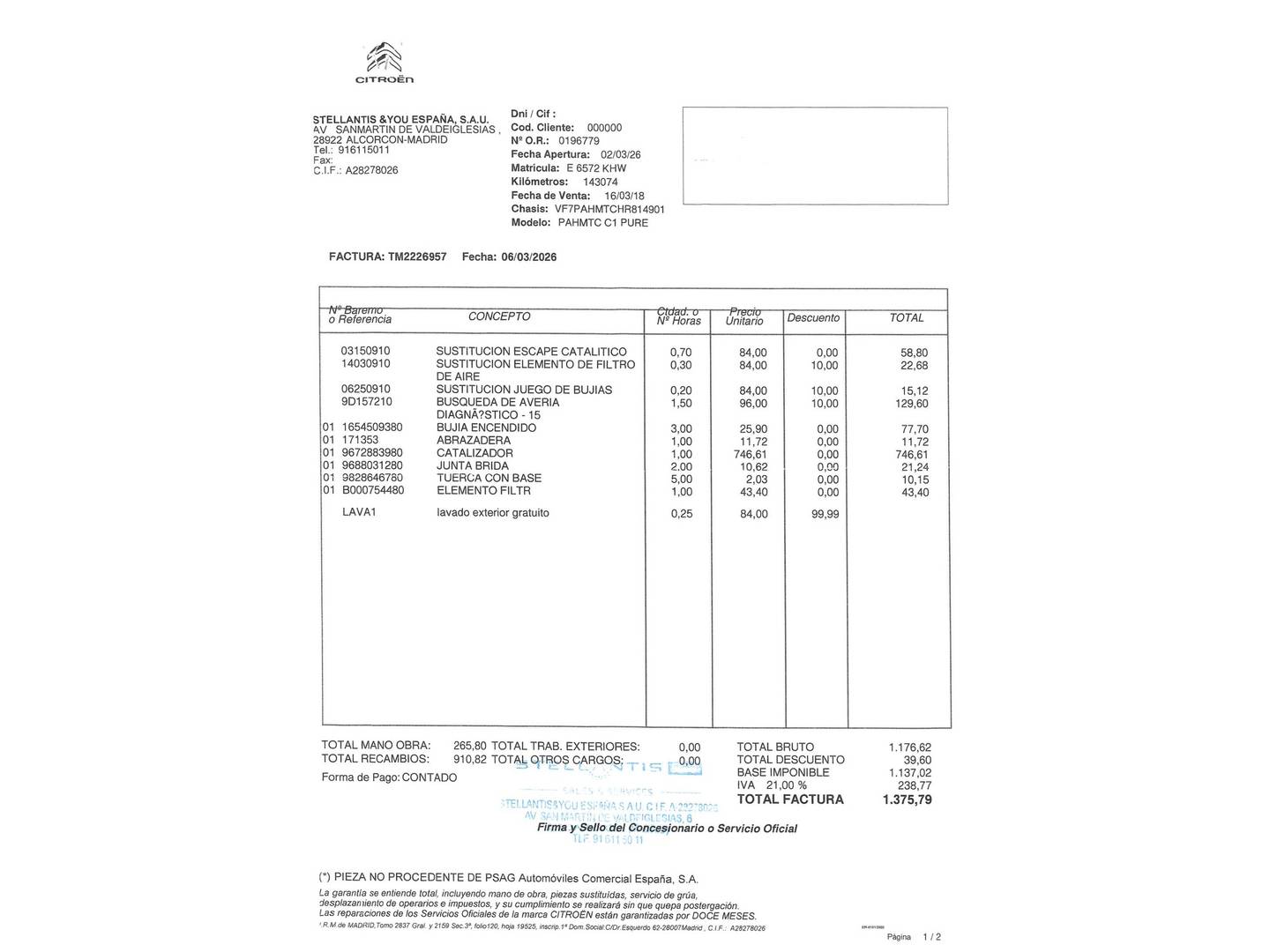 Foto del mantenimiento del Citroën C1 Citroën C1 PureTech 82 City Edition (82 CV)