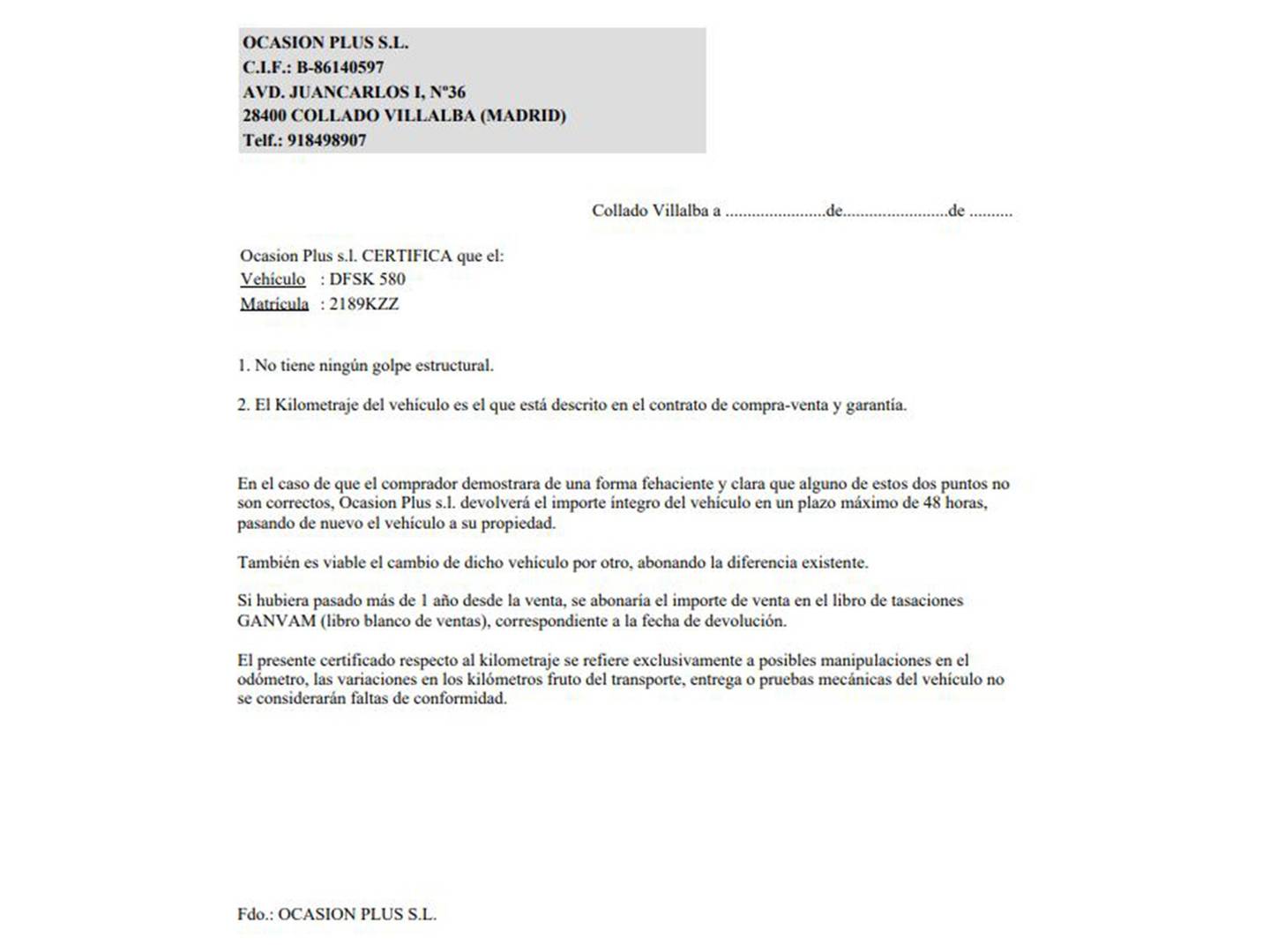 Foto del certificado del DFSK 580 DFSK 580 1.5 T Luxury (149 CV) 7 plazas (glp)