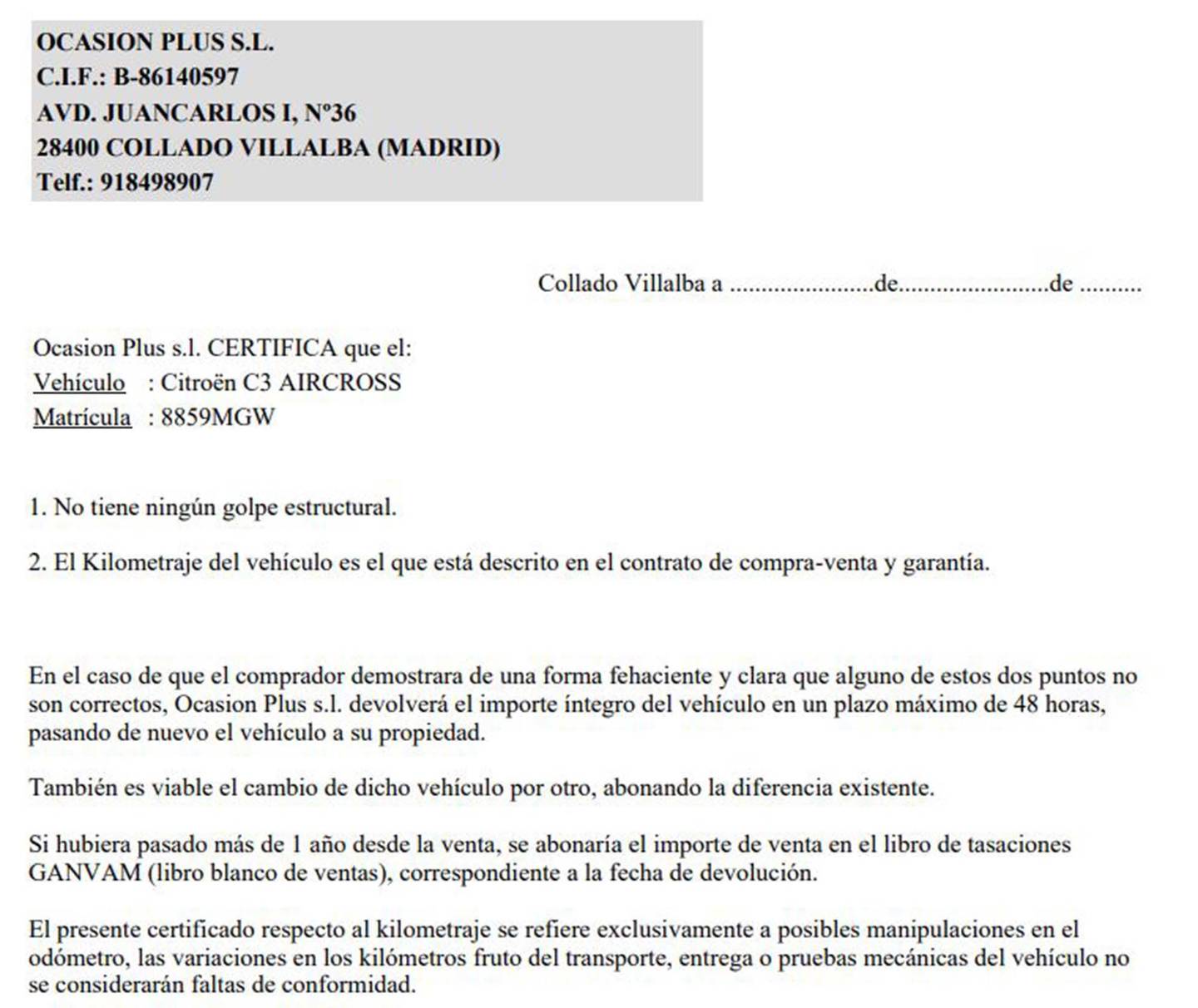 Foto del certificado del Citroën C3 Aircross Citroen C3 Aircross PureTech 110 S&S Shine  (110 CV)