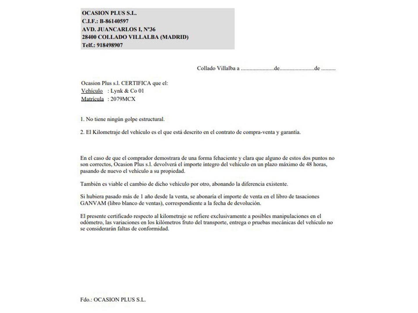 Foto del certificado del Lynk & Co 01 Lynk & Co 01 1.5 PHEV (261 CV)