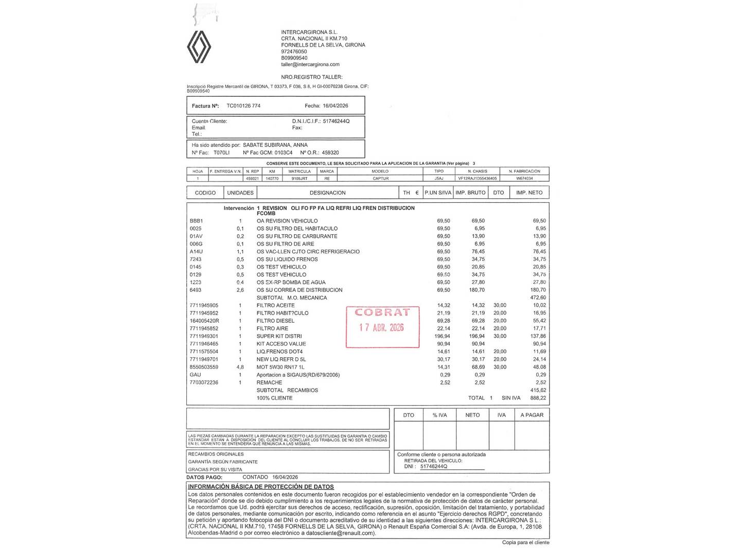 Foto del mantenimiento del Renault Captur Renault Captur Zen Energy dCi (90 CV) EDC