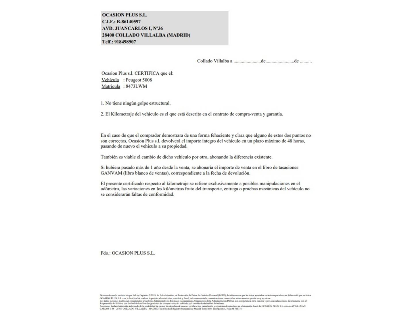 Foto del certificado del Peugeot 5008 Peugeot 5008 BlueHDI 130 S&S Allure Pack EAT8 7 Plazas (130 CV)