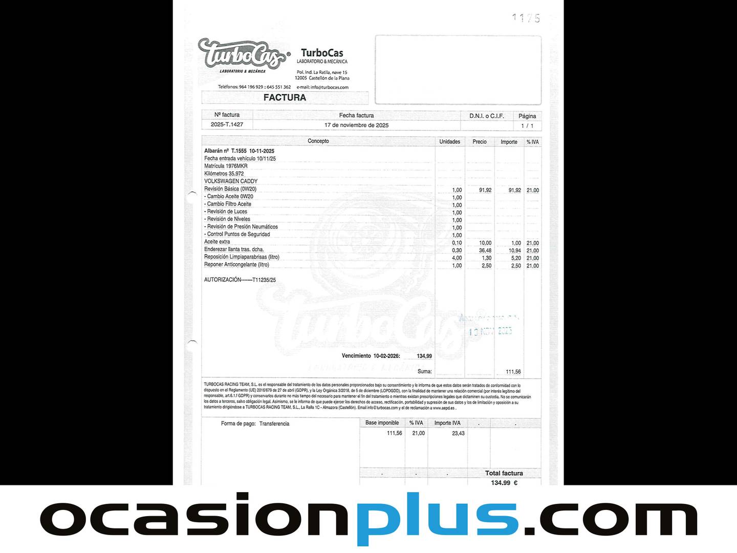 Foto del mantenimiento del Volkswagen Caddy Volkswagen Caddy Cargo 2.0 TDI (75 CV)